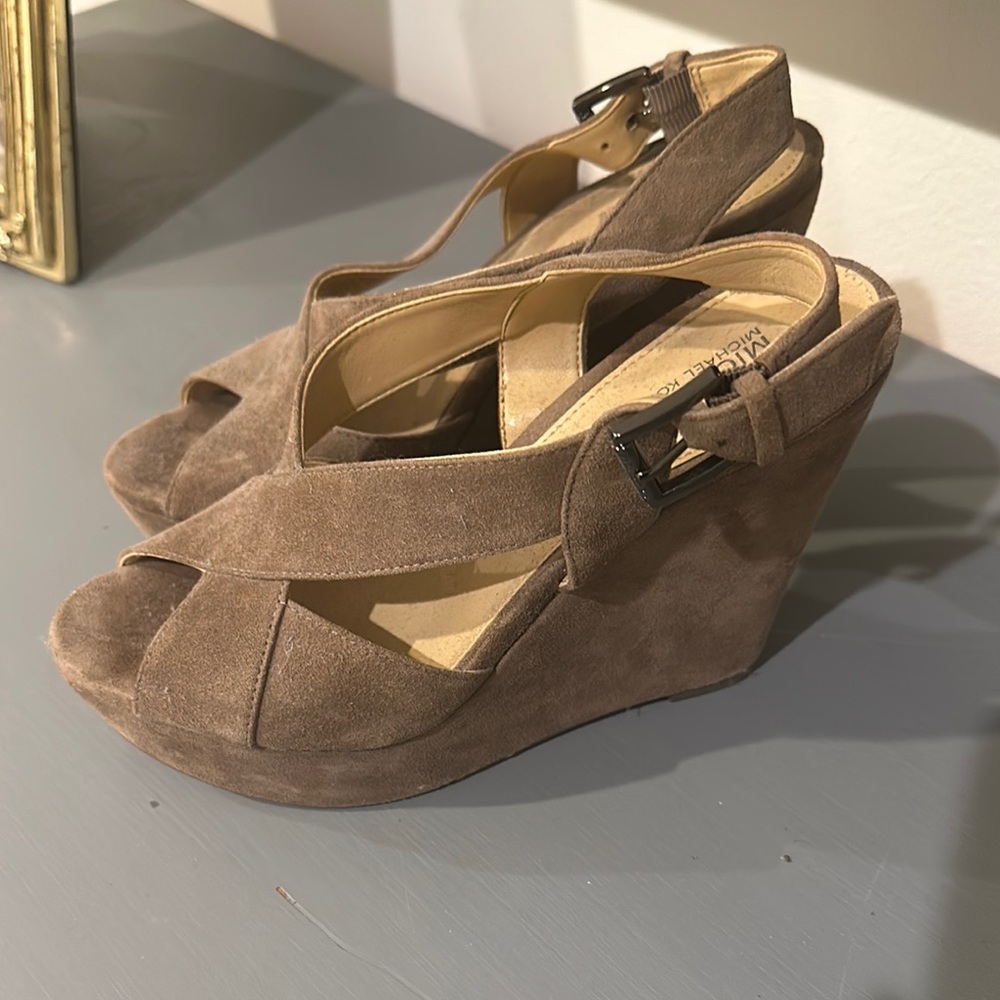 Michael Kors Dark Tan Suede Wedge Sandals with Crisscross Straps